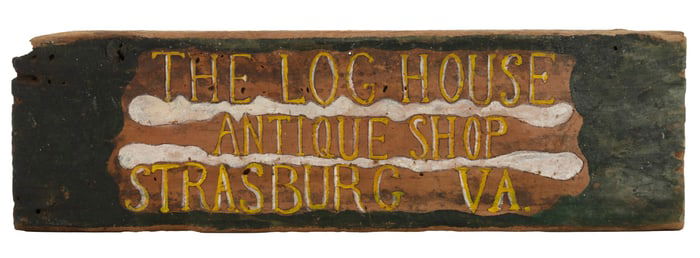 STRASBURG, SHENANDOAH VALLEY OF VIRGINIA FOLK ART "THE LOG HOUSE ANTIQUES" TRADE SIGN