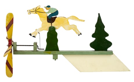 AMERICAN FOLK ART CARVED AND PAINTED EQUESTRIAN WHIRLIGIG
