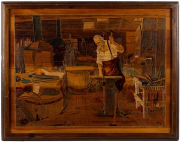 AMERICAN FOLK ART CARVED / PYROGRAPHY BLACKSMITH'S SHOP GENRE SCENE