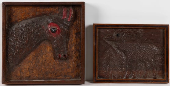NELSON GROVER HUTCHINS (CARBONDALE, PENNSYLVANIA, 1885-1975) FOLK ART CARVED WOODEN ANIMAL PLAQUES,
