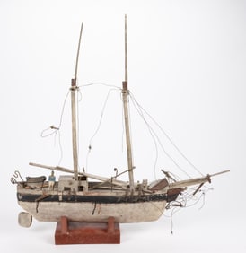 AMERICAN FOLK ART PAINTED WOODEN POND BOAT / SHIP MODEL