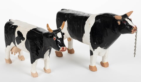 AMERICAN FOLK ART CARVED AND PAINTED COW AND BULL FIGURES, LOT OF TWO