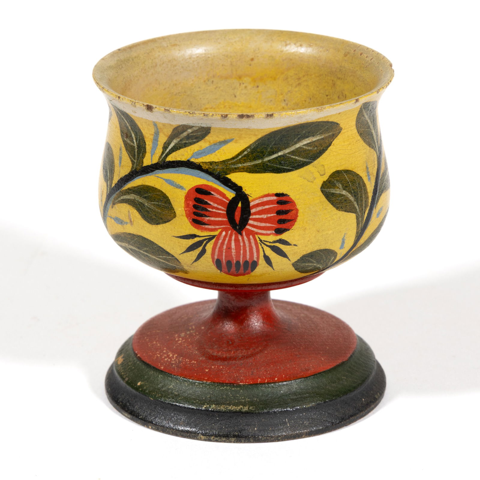 JOSEPH LONG LEHN (LANCASTER CO., PENNSYLVANIA, 1798-1892), ATTRIBUTED, PAINT-DECORATED LEHNWARE: JOSEPH LONG LEHN (LANCASTER CO., PENNSYLVANIA, 1798-1892), ATTRIBUTED, PAINT-DECORATED LEHNWARE FOOTED SALT, finely-turned with a polychrome-painted ground, the cup having a paint-decorated surface fe