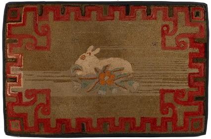 AMERICAN FOLK ART RABBIT PICTORIAL HOOKED RUG