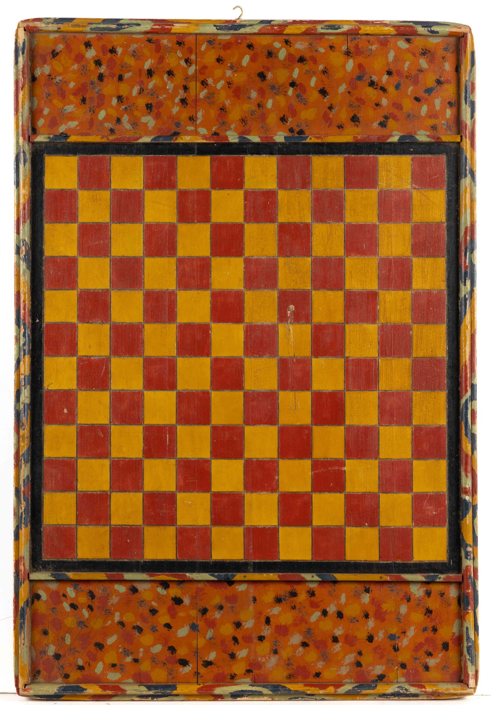AMERICAN FOLK ART PAINT-DECORATED GAME BOARD: AMERICAN FOLK ART PAINT-DECORATED GAME BOARD, of rectangular form with an applied molded frame, one side featuring a parcheesi board, the other side with a checker or chess board. Retains the original
