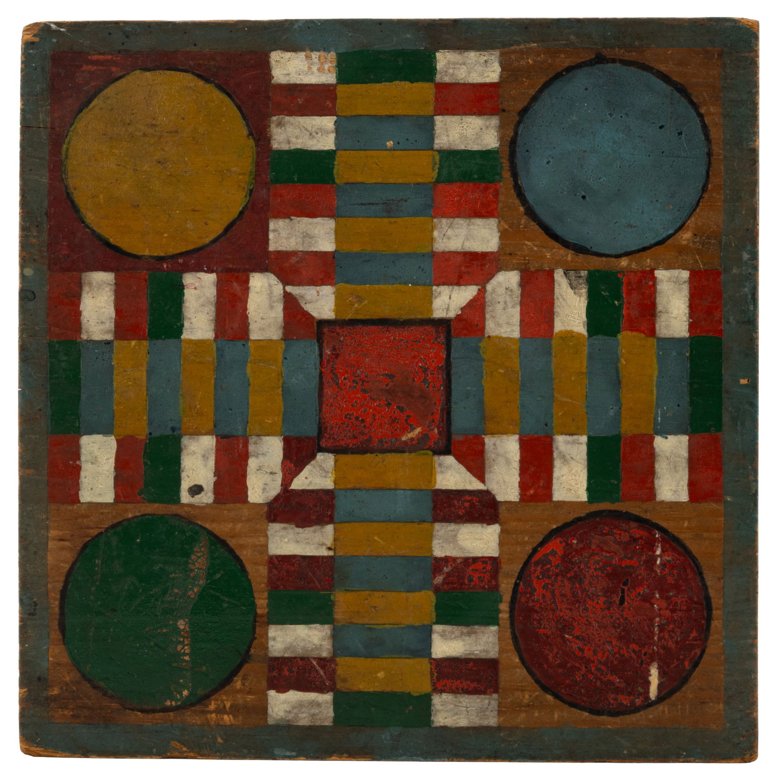 AMERICAN FOLK ART PAINT-DECORATED DIMINUTIVE GAME BOARD: AMERICAN FOLK ART PAINT-DECORATED DIMINUTIVE GAME BOARD, made from a single board of pine, designed with scored lines laying out the geometric patterns for the checker and parcheesi games. Retains the