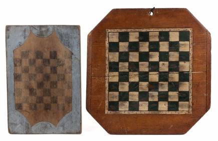 FOLK ART PAINT-DECORATED GAME BOARDS, LOT OF TWO