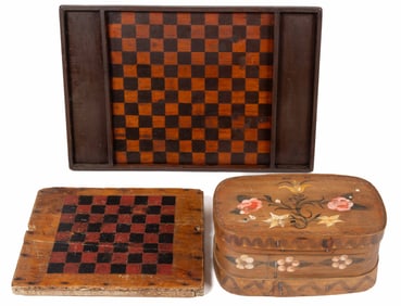 FOLK ART PAINT-DECORATED GAME BOARDS AND BRIDE'S BOX, LOT OF THREE