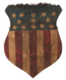 FOLK ART CARVED AND PAINTED WOODEN PATRIOTIC SHIELD
