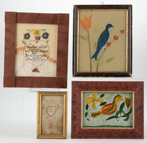 ASSORTED FOLK ART FRAKTUR DRAWINGS, LOT OF FOUR