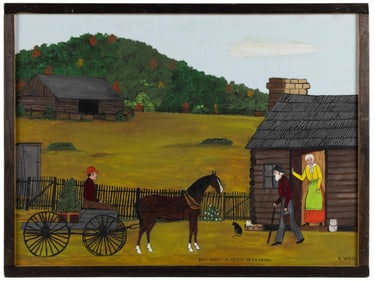 ESSIE WARD (ARKANSAS, 1902-1981) FOLK ART "BUY ABOUT A PECK HEZZAKIAH" PAINTING