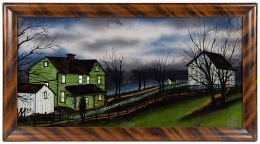 AMERICAN FOLK ART REVERSE-PAINTED FARM SCENE