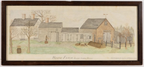 AMERICAN SCHOOL (19TH CENTURY) FOLK ART DRAWING OF HOXIE FARM, SOUTH SEBEC, MAINE
