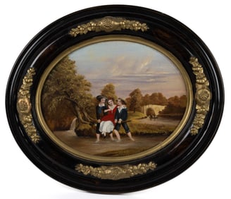 AMERICAN SCHOOL (19TH CENTURY) FOLK ART LANDSCAPE WITH FIGURES
