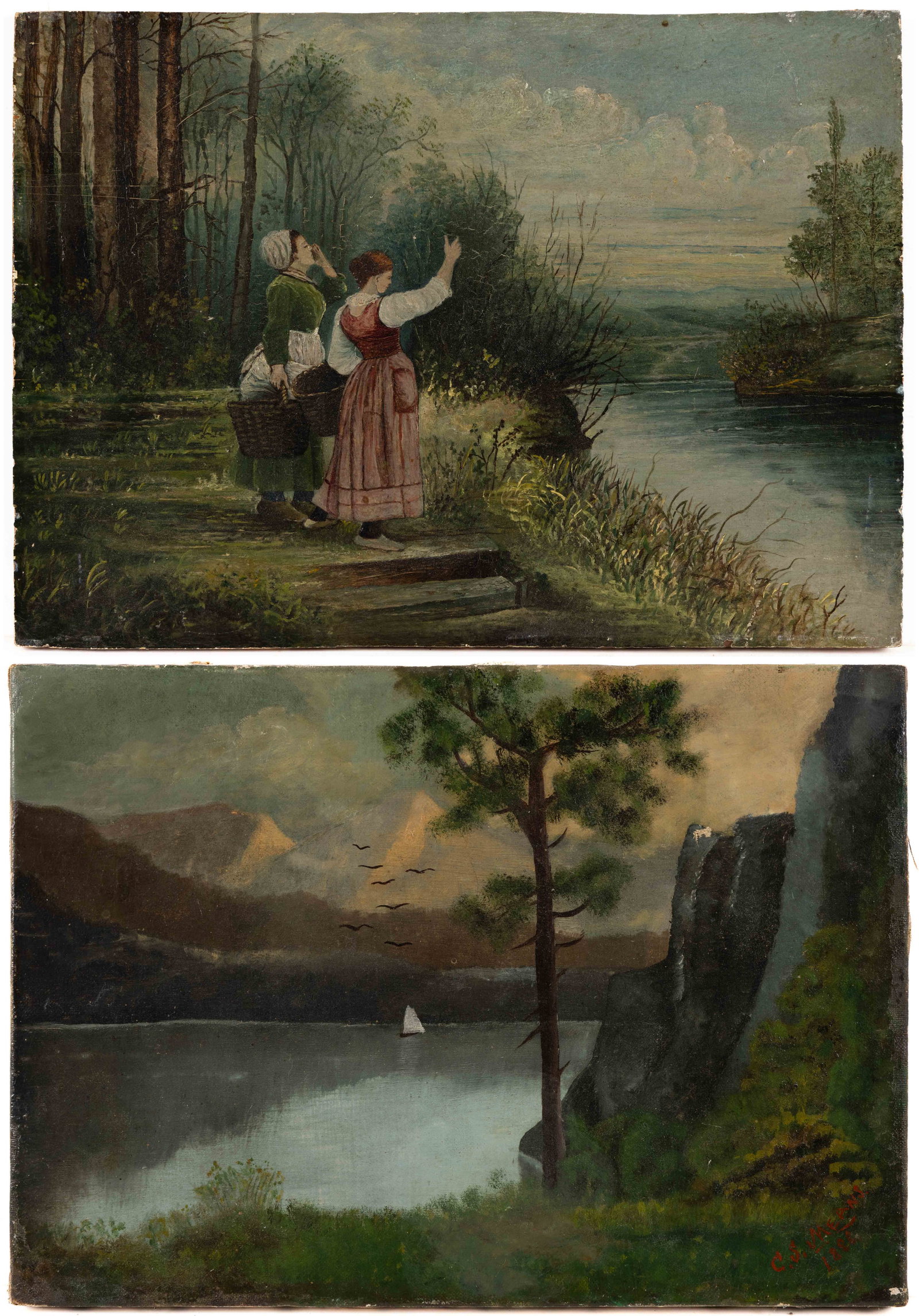 AMERICAN SCHOOL (19TH CENTURY) FOLK ART LANDSCAPE PAINTINGS, LOT OF TWO: AMERICAN SCHOOL (19TH CENTURY) FOLK ART LANDSCAPE PAINTINGS, LOT OF TWO, one oil on pine panel example featuring two women with baskets at a riverbank, the other an oil on canvas depiction of a sailbo