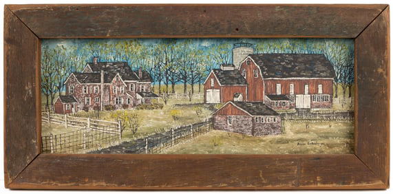 DOLORES HACKENBERGER (PENNSYLVANIA, b.1930) FOLK ART FARM SCENE LANDSCAPE PAINTING