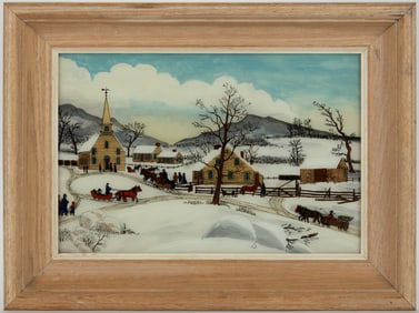 JOHN B. WILLIAMS (MASSACHUSETTS, ACTIVE 20TH CENTURY) FOLK ART REVERSE PAINTING OF A WINTER VILLAGE