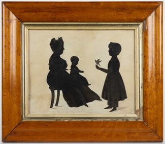 AMERICAN OR BRITISH SCHOOL (19TH CENTURY) CUT-AND-PASTED SILHOUETTE OF A MOTHER AND HER CHILDREN
