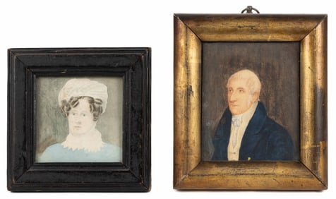 AMERICAN OR BRITISH SCHOOL (19TH CENTURY) FOLK ART MINIATURE PORTRAITS, LOT OF TWO