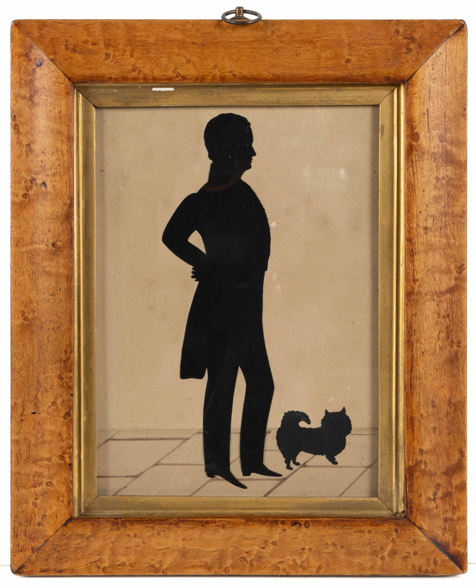 AUGUSTE EDOUART (FRENCH / AMERICAN, 1789-1861), ATTRIBUTED, CUT-AND-PASTED SILHOUETTE OF STEPHEN P.: AUGUSTE EDOUART (FRENCH / AMERICAN, 1789-1861), ATTRIBUTED, CUT-AND-PASTED SILHOUETTE OF STEPHEN P. CURTISS, pasted-paper and watercolor on paper, depicting a man standing akimbo next to a dog on a wa
