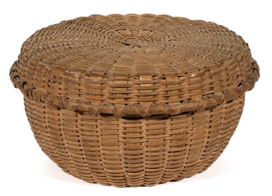 PAGE OR ROCKINGHAM CO., SHENANDOAH VALLEY OF VIRGINIA STAVE-TYPE WOVEN-SPLIT COVERED SEWING BASKET