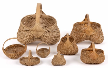 RICHARD ERVIN (ROCKINGHAM, NORTH CAROLINA, 1923-2012) RIB-TYPE WOVEN-SPLINT BASKETS, LOT OF EIGHT