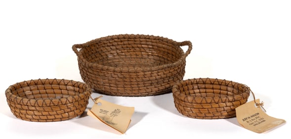 JUDY M. MALLOW, WAKE CO., NORTH CAROLINA DIMINUTIVE PINE NEEDLE BASKETS, LOT OF THREE