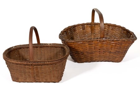 APPALACHIAN, POSSIBLY VIRGINIA, STAVE-TYPE WOVEN SPLINT MARKET BASKETS, LOT OF TWO