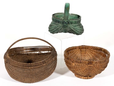 APPALACHIAN DIMINUTIVE RIB-TYPE WOVEN-SPLINT BASKETS, LOT OF THREE