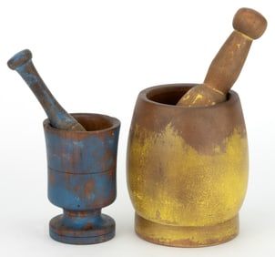AMERICAN PAINTED TREEN MORTARS AND PESTLES, LOT OF TWO