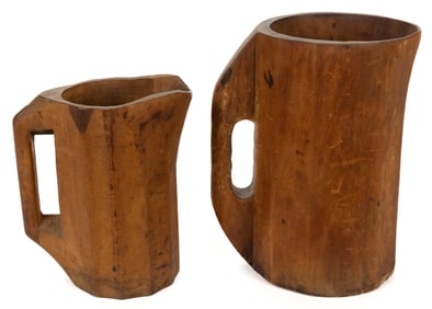 ASSORTED TREENWARE / WOODEN CARVED NOGGINS, LOT OF TWO