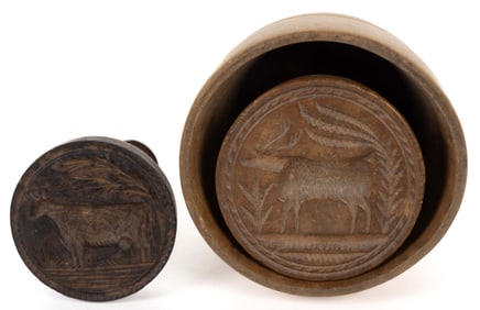 ASSORTED TREENWARE / WOODEN CARVED FIGURAL ANIMAL BUTTER MOLDS / PRINTS / STAMPS, LOT OF TWO