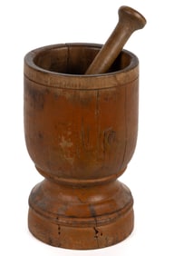 AMERICAN TURNED AND PAINTED TREEN MORTAR AND PESTLE