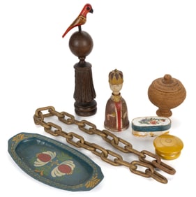 ASSORTED PAINT-DECORATED TREEN AND OTHER DOMESTIC ARTICLES, LOT OF SEVEN