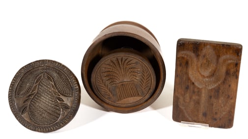 AMERICAN CARVED TREEN BUTTER PRINTS / MOLDS, LOT OF THREE
