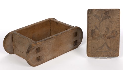 WOOD / TREENWARE BOX BUTTER MOLD WITH PRINT / STAMP