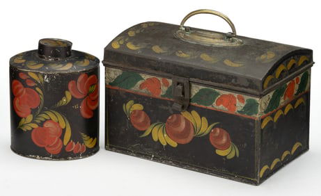 AMERICAN FOLK ART PAINTED TOLEWARE ARTICLES, LOT OF TWO