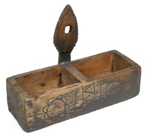 AMERICAN FOLK ART CARVED AND PAINTED YELLOW PINE WALL BOX
