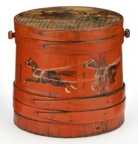 AMERICAN PAINT-DECORATED TREEN FIRKIN / SUGAR BUCKET WITH CIRCUS THEME