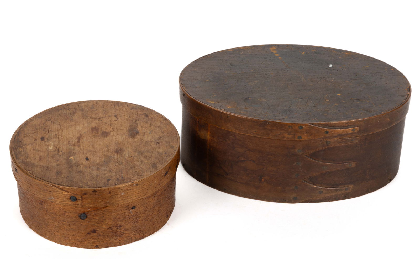ASSORTED BENTWOOD PANTRY BOXES, LOT OF TWO: ASSORTED BENTWOOD PANTRY BOXES, LOT OF TWO, comprising of a signed circular-form example with base and cover each having a tacked single finger-lap and opposing construction, each lap tip with a