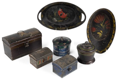 ASSORTED FOLK-ART PAINT-DECORATED TOLEWARE / METAL CONTAINERS, LOT OF SEVEN