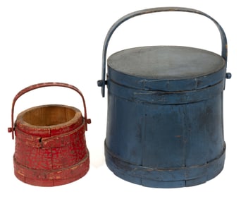 AMERICAN COUNTRY PAINTED TREEN FIRKINS / SUGAR BUCKETS, LOT OF TWO