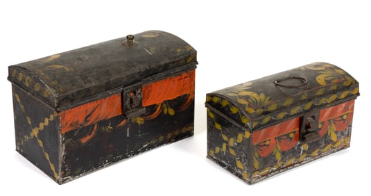 AMERICAN PAINT-DECORATED TOLEWARE DOME-TOP BOXES, LOT OF TWO