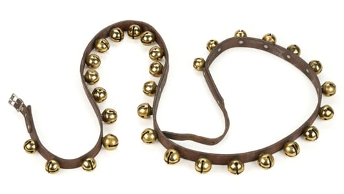 ANTIQUE BRASS AND LEATHER STRAP OF SLEIGH BELLS