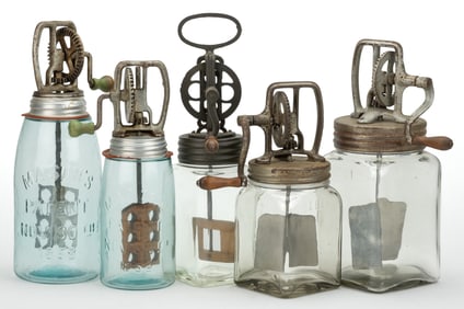ASSORTED GLASS BUTTER CHURNS, LOT OF FIVE