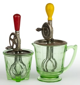 A & J VASELINE GLASS HAND MIXERS / EGG BEATERS, LOT OF TWO