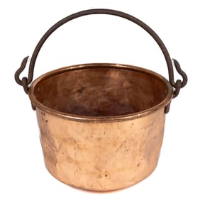 SIGNED "J.P. SCHAUM / LANCASTER, PA." COPPER AND IRON DIMINUTIVE APPLE BUTTER KETTLE