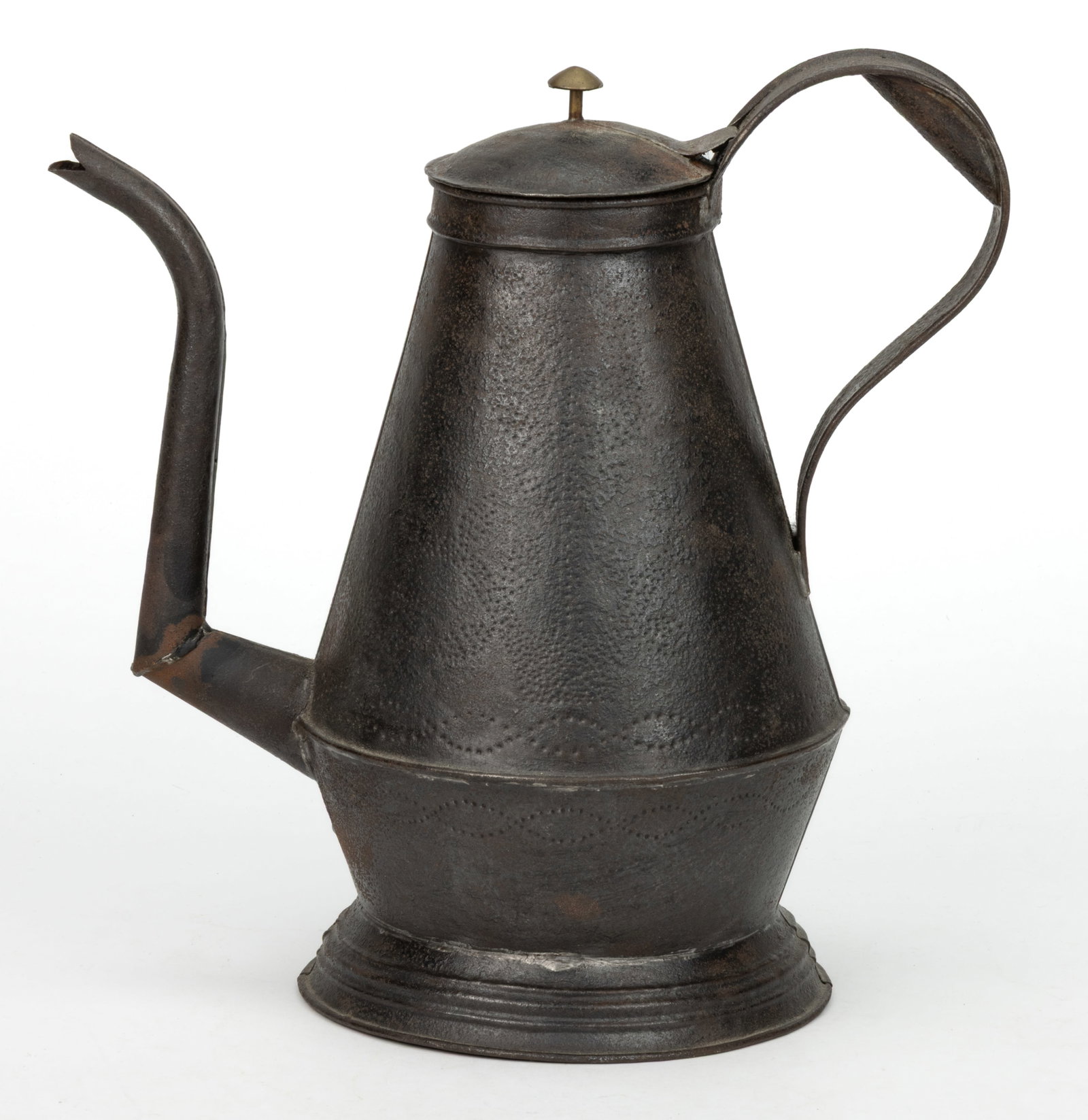 PENNSYLVANIA WRIGGLEWORK / PUNCHED SHEET-IRON / TIN COFFEE POT: PENNSYLVANIA WRIGGLEWORK / PUNCHED SHEET-IRON / TIN COFFEE POT, soldered two-part body with applied gooseneck spout, reinforced strap handle, and hinged domed lid with brass finial, raised on a flange