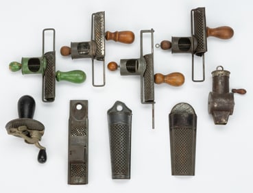 ASSORTED SHEET-IRON NUTMEG GRINDERS, LOT OF NINE