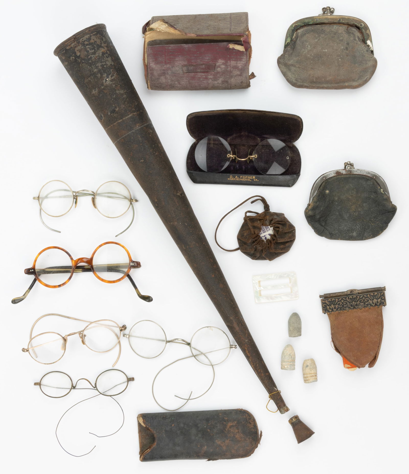 ASSORTED DOMESTIC ARTICLES, UNCOUNTED LOT: ASSORTED DOMESTIC ARTICLES, UNCOUNTED LOT, including a tin horn from the Wenger family, Edom, VA; six pairs of eyeglasses, one in a D. A. Forrer, Harrisonburg, VA case, and three Civil War bullet